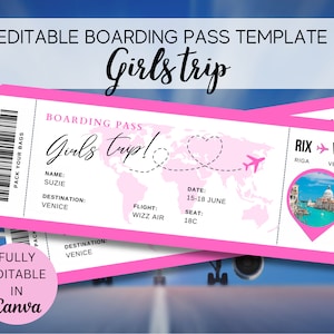 Bearbeitbare Bordkartenvorlage, druckbares personalisiertes Flugticket, Canva Bordkarte, digitaler Download Girls Trip Invite