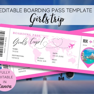 Editable Boarding Pass Template, Printable Personalized Airline Ticket, Canva Boarding Pass, Digital Download Girls Trip Invite