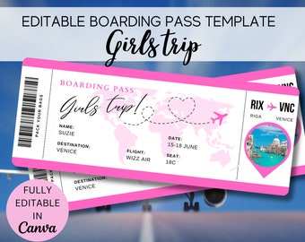 Bearbeitbare Bordkartenvorlage, druckbares personalisiertes Flugticket, Canva Bordkarte, digitaler Download Girls Trip Invite