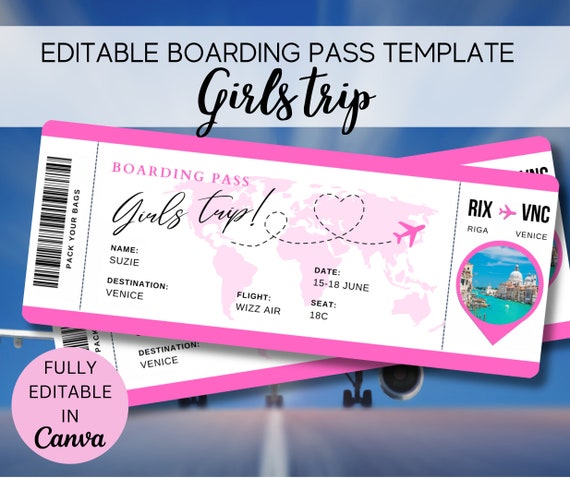 Editable Boarding Pass Template, Printable Personalized Airline Ticket, Canva Boarding Pass, Digital Download Girls Trip Invite