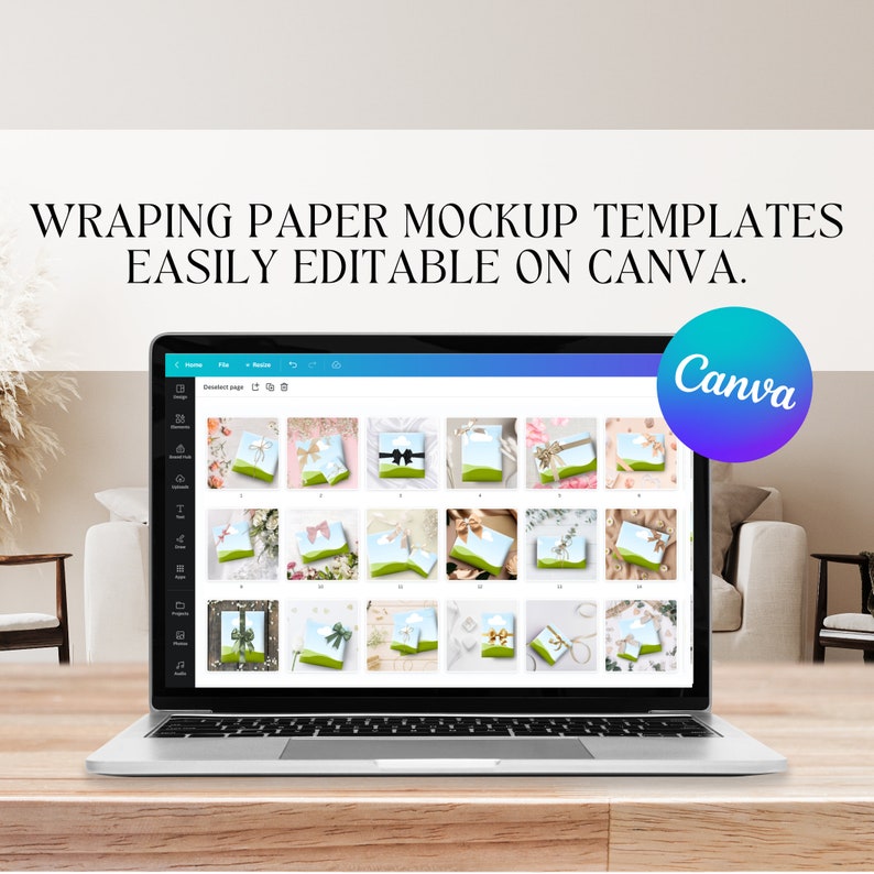 May include: A laptop screen displaying a Canva design template for wrapping paper mockups. The template shows 20 different gift boxes with various designs and colors. The text "WRAPPING PAPER MOCKUP TEMPLATES EASILY EDITABLE ON CANVA." is displayed at the top of the screen.
