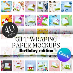 Puede incluir: Una colección de 40 maquetas de papel de regalo con regalos envueltos y lazos de varios colores. Los fondos están decorados con confeti y artículos de fiesta. El texto dice "GIFT WRAPPING PAPER MOCKUPS Birthday edition".