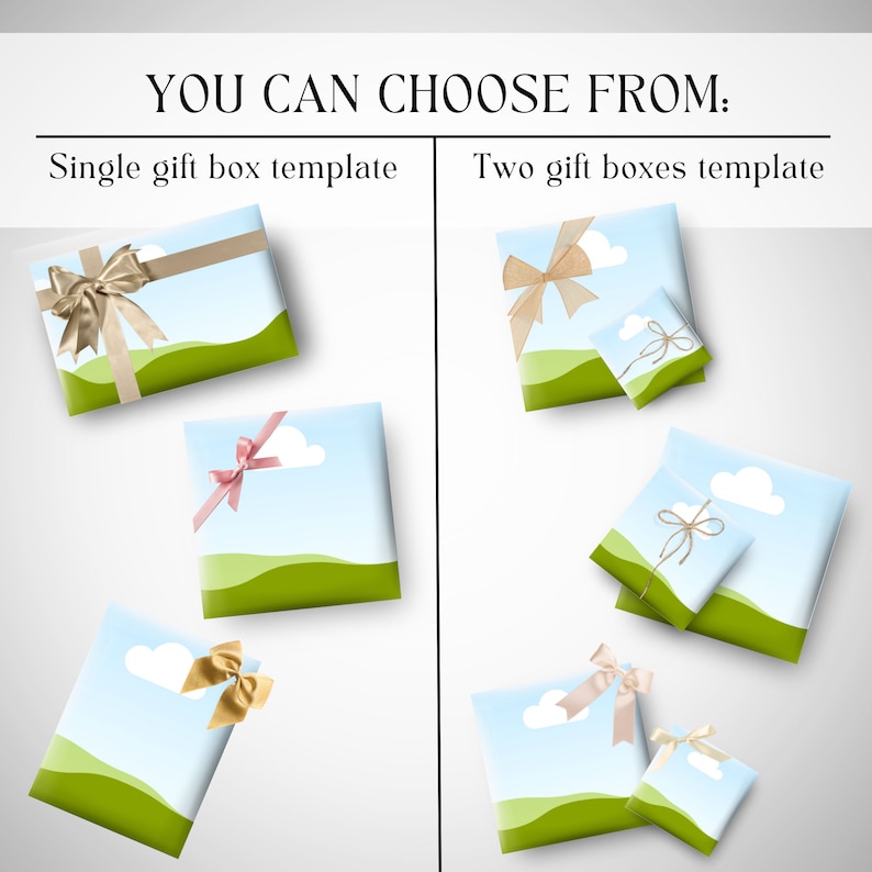 May include: You can choose from single or two gift box templates. The templates feature a blue sky with a white cloud, green grass, and a brown ribbon.