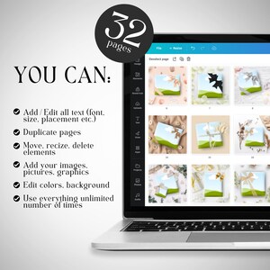 May include: A laptop screen displaying a design program with 32 pages of gift box mockups. The text "YOU CAN:" is displayed on the left side of the screen with a list of features, including adding and editing text, duplicating pages, moving and resizing elements, adding images, editing colors, and using everything unlimited times.