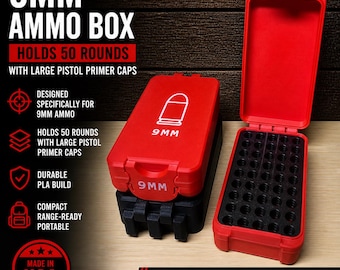 9 mm Ammo Aufbewahrungsbox - 50 Runden Kapazität, stapelbarer PLA Organizer (Lasergravur verfügbar)