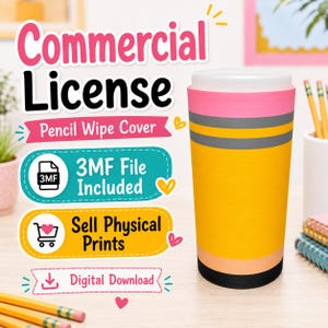 Peut inclure: Un couvercle de lingettes cylindrique en forme de crayon avec un sommet rose, une bande grise, un corps jaune, une section pêche clair et une base noire. Le texte indique Commercial License, Pencil Wipe Cover, 3MF File Included, Sell Physical Prints, Digital Download.