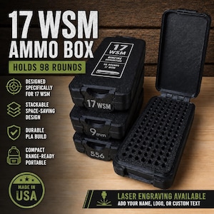 May include: A black rectangular 17 WSM ammo box with a hinged lid and a foam insert featuring 98 individual round slots. The exterior is marked with 17 WSM, 9mm, and 556 labels. The text 17 WSM AMMO BOX HOLDS 98 ROUNDS is visible on the left side.