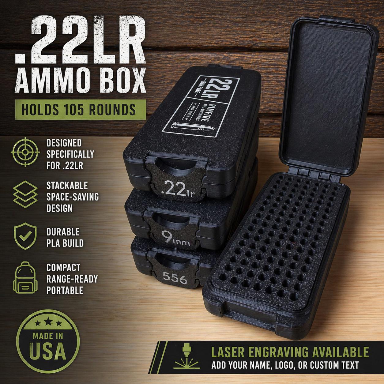 22LR Ammo Storage Box – 120 Round Capacity, Stackable PLA Organizer ...