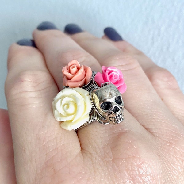 Skull and Roses Ring Stack, Wire Wrapped Rose or Skull Ring, Stackable Rings