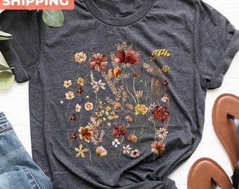Vintage Cottagecore Shirt, Goblincore Shirt, Boho Wildflowers Shirt, Nature Shirt, Botanical Shirt, Garden Lover Autumn Green Witch