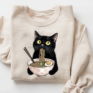 Noodle Cat Shirt, Ramen Cat T-Shirt, Foodie Lover Shirts, Black Cat Noodle T-Shirts, Retro Cat Tees, Cat Lover Sweatshirts, Black Cat Tee