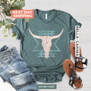Camiseta Boho con calavera de vaca, camiseta con estampado western, camiseta con calavera de toro, camiseta de vaquera, camiseta country, camiseta de vaquero, camiseta de chica country, ropa western imagen 5