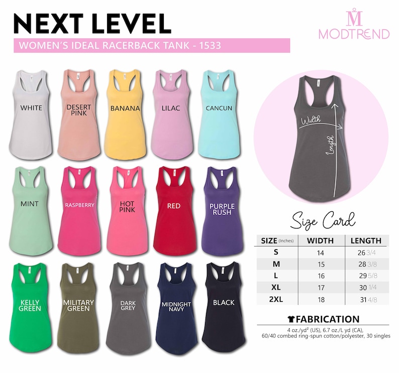 a collection of colorful women's racerback tank tops in various colors, including white, desert pink, banana, lilac, cankun, and navy blue. The tank tops are arranged in rows, with each row representing a different color. The image also includes a size card that provides measurements for each tank top, including waist, length, and width.