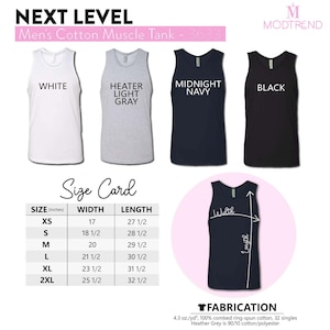 The image is a size card for men's cotton muscle tank tops, displaying the different sizes available in white, gray, navy, and black.