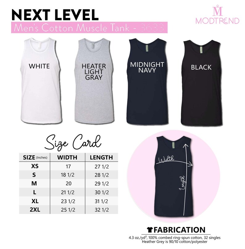 The image is a size card for men's cotton muscle tank tops, displaying the different sizes available in white, gray, navy, and black.