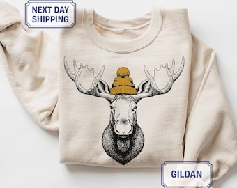 Sweat-shirt à motif d'élan portant un bonnet – Pull ras du cou style faune de montagne, cadeau camping et randonnée, pull unisexe, style rétro années 90