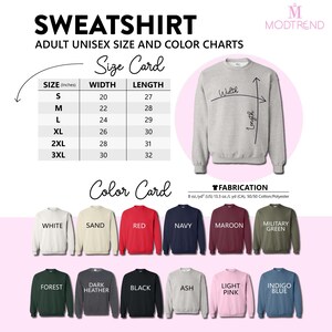 The image is an advertisement for adult unisex size and color charts, featuring a variety of sweatshirts in different colors and sizes.