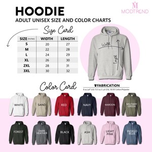 The image is an advertisement for adult unisex size and color charts, featuring a variety of hoodies in different colors and sizes.