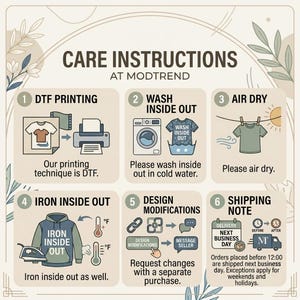 The image is a care instructions guide for Mod trend, providing step-by-step instructions for various processes, such as DFT printing, ironing, and shipping.