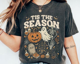 Vintage Halloween Comfort Colors® T Shirt, Retro 'Tis The Season Skeleton Pumpkin Ghost Halloween TShirt
