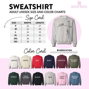 The image is an advertisement for adult unisex size and color charts, featuring a variety of sweatshirts in different colors and sizes.