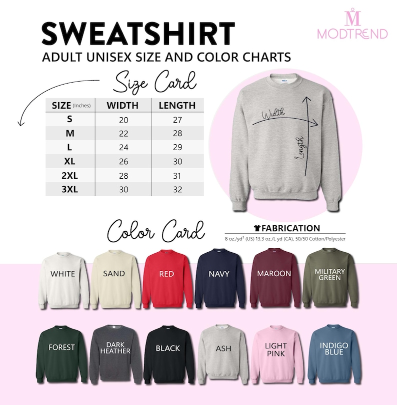 The image is an advertisement for adult unisex size and color charts, featuring a variety of sweatshirts in different colors and sizes.