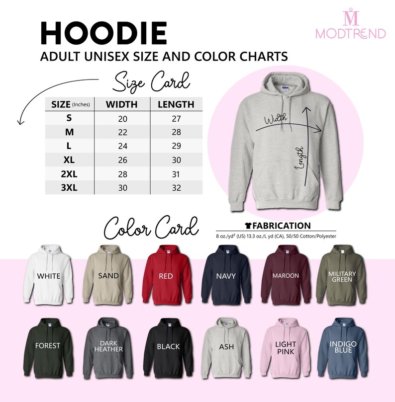 The image is an advertisement for adult unisex size and color charts, featuring a variety of hoodies in different colors and sizes.