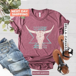 Camiseta Boho con calavera de vaca, camiseta con estampado western, camiseta con calavera de toro, camiseta de vaquera, camiseta country, camiseta de vaquero, camiseta de chica country, ropa western imagen 4