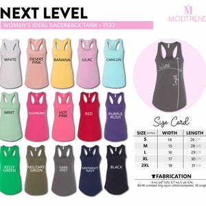 a collection of colorful women's racerback tank tops in various colors, including white, desert pink, banana, lilac, cankun, and navy blue. The tank tops are arranged in rows, with each row representing a different color. The image also includes a size card that provides measurements for each tank top, including waist, length, and width.