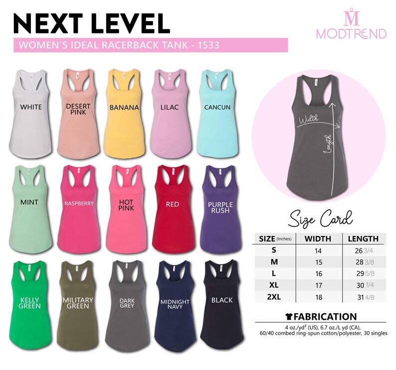 a collection of colorful women's racerback tank tops in various colors, including white, desert pink, banana, lilac, cankun, and navy blue. The tank tops are arranged in rows, with each row representing a different color. The image also includes a size card that provides measurements for each tank top, including waist, length, and width.