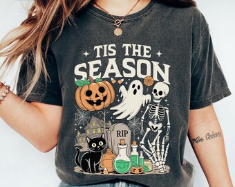 Vintage Halloween Comfort Colors® T Shirt, Retro 'Tis The Season Skeleton Pumpkin Ghost Halloween TShirt