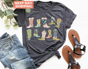 T-shirt bottes de cowgirl, T-shirt concert country, T-shirt graphique western pour femme, T-shirts country mignons, T-shirt cowgirl, T-shirt western