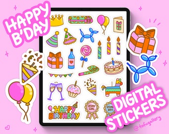 May include: A digital sheet of birthday themed stickers featuring a variety of colourful designs, including balloons, presents, cake, and confetti. The text "Happy B'day" and "Digital Stickers" are also included.