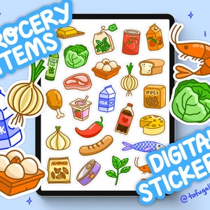 Könnte beinhalten: Eine Sammlung farbenfroher digitaler Sticker mit verschiedenen Lebensmitteln. Die Sticker zeigen Illustrationen von Gemüse, Milchprodukten, Fleisch, Meeresfrüchten und verpackten Waren. Auf den Stickern steht "Grocery Items" und "Digital Stickers".