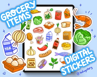 May include: A collection of colorful digital stickers featuring various grocery items. The stickers include illustrations of vegetables, dairy products, meat, seafood, and packaged goods. Text on the stickers reads "Grocery Items" and "Digital Stickers".