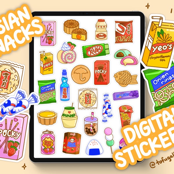 Cute Asian Snacks Dessert Drinks Digital Stickers, Pre-cropped, Goodnotes Stickers, iPad Stickers, PNG Stickers