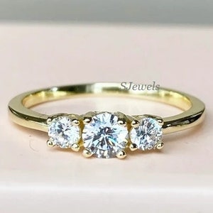 Three Stone Moissanite Ring: Sterling Silver Wedding Band