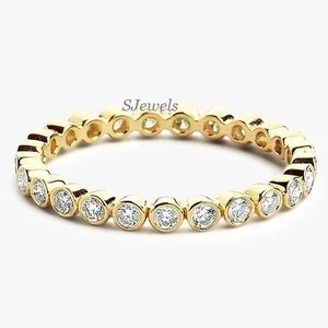 Unique Round Bezel Wedding Band 2.00MM Full Eternity Diamond Ring Floating Stackable Band Promise Ring Anniversary Ring For Bridal BezelRing