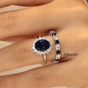Oval Lab Sapphire 14k Gold Engagement Ring Set: Princess Diana Style