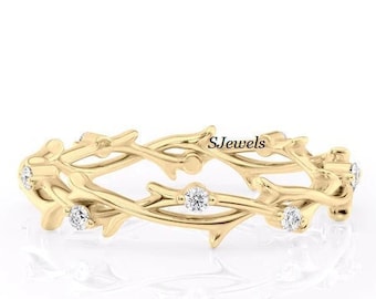 Moissanite Twig Band Ring, Art Deco Leaf, Sterling Silver Promise Ring