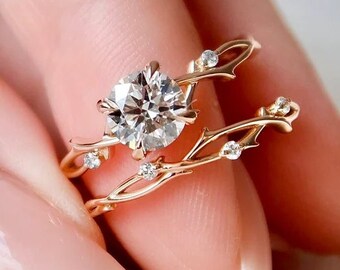 Twig Moissanite Engagement Ring Set: Nature Inspired Bridal Jewelry