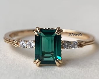 14k Gold Octagon Cut Emerald Ring, 18k Emerald Engagement Ring, Solid Yellow Gold Ring, Engagement Gift For Her, Ring For Mom,Christmas Gift