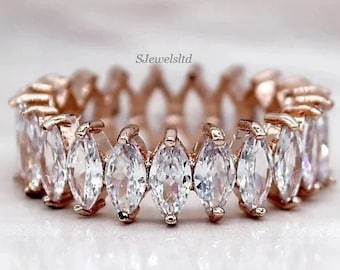 Marquise moissanite diamond wedding band, 14k Rose gold marquise eternity band, Full eternity Marquise stacking matching ring, Gift for her