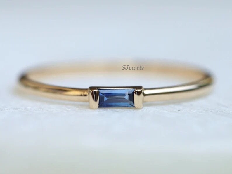 Baguette Blue Sapphire 14k Gold Wedding Band