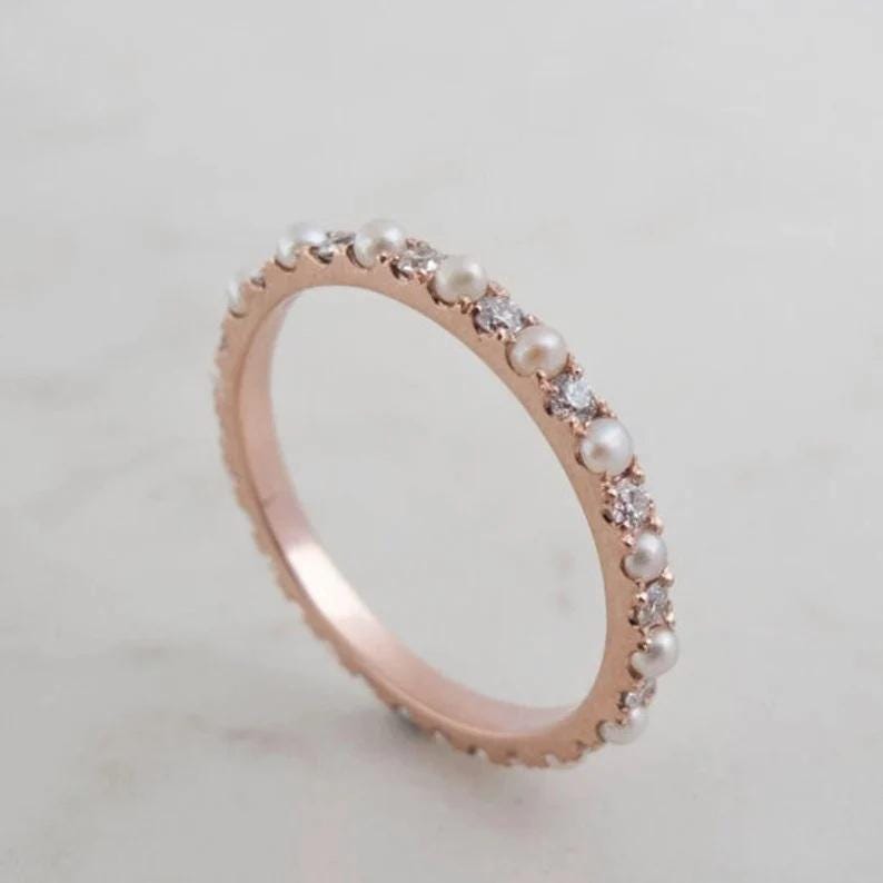 14k Rose gold Pearl & Diamond Eternity Ring band-June Birthstone Band-Pearl Ring band for Women-Pearl Stacking Ring band-Pearl Full band