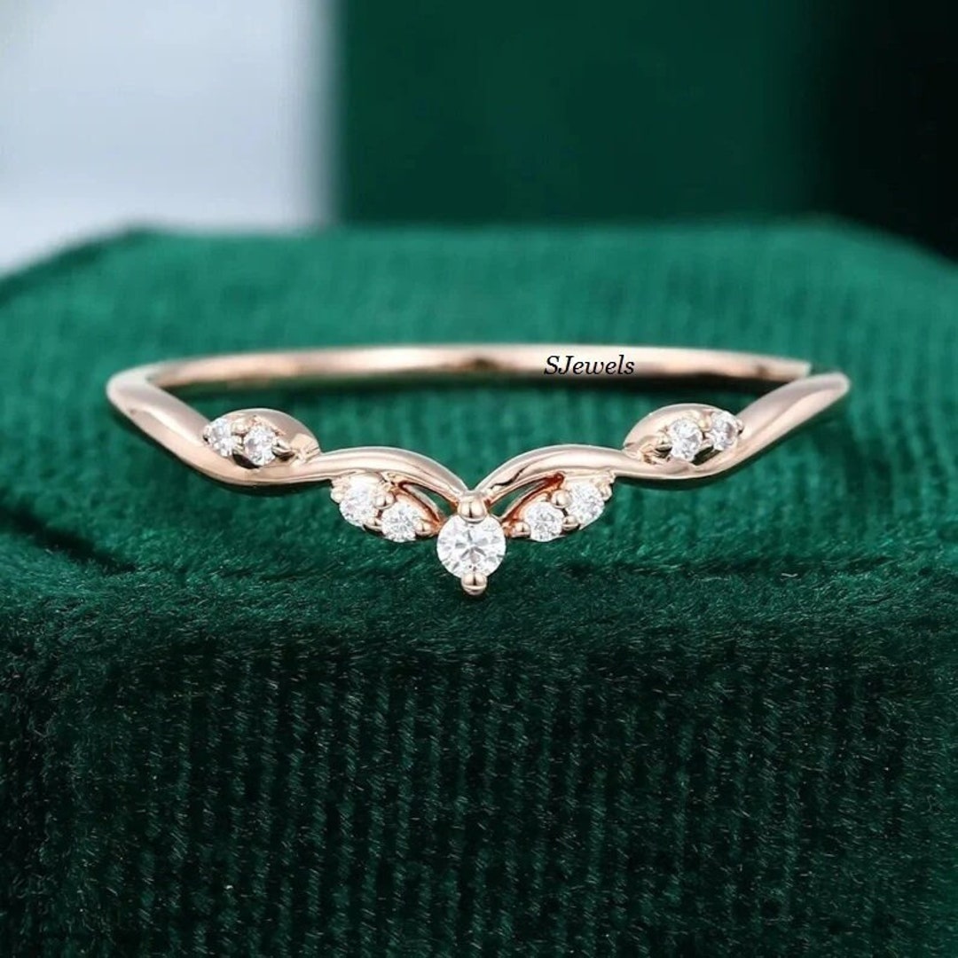 Rose Gold Moissanite Curved Wedding Ring: Art Deco Marquise Stacking ...
