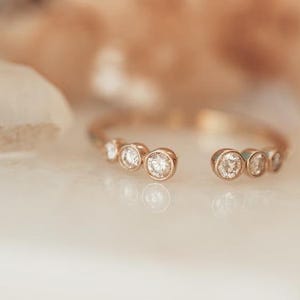 14K Rose Gold Moissanite Open Cuff Ring: Bezel Set Half Eternity Band