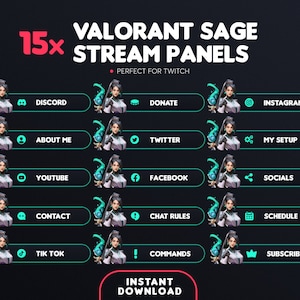 15x Sage Styled Valorant Stream Panels | TwitchTV Ready
