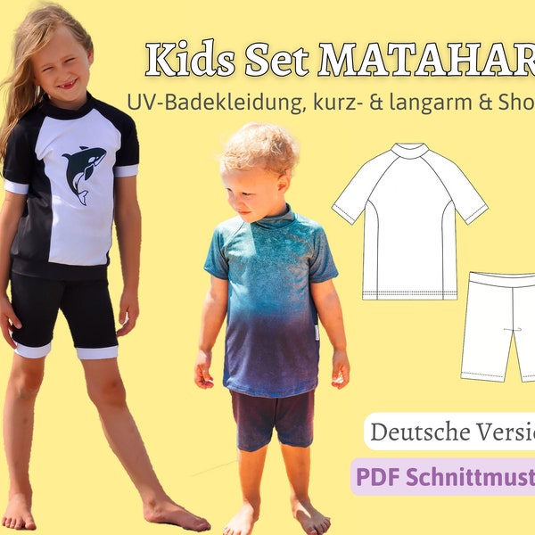 Set Schnittmuster Kinder Shirt Nähen Rashguard Badeshirt Radlerhose UV-Shirt Nähanleitung Badekleidung Badehose Shorts MATAHARI | Gr.92-164