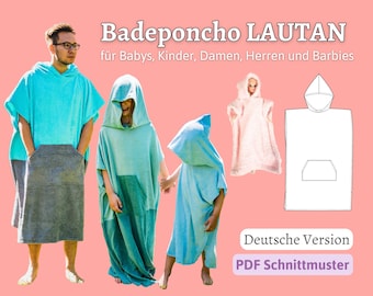 Schnittmuster Badeponcho Schnittmuster Surf Poncho Schnittmuster Strand Poncho Damen Herren Kinder Umziehhilfe Nähen LAUTAN | Alle Größen